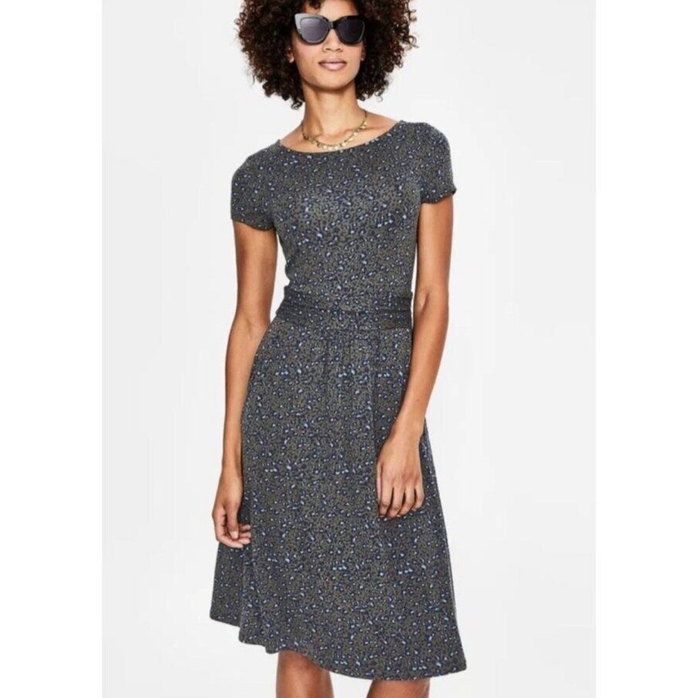 Boden Amelie Jersey Stretch Dress Short‎ Sleeve Green Leopard Print 6R